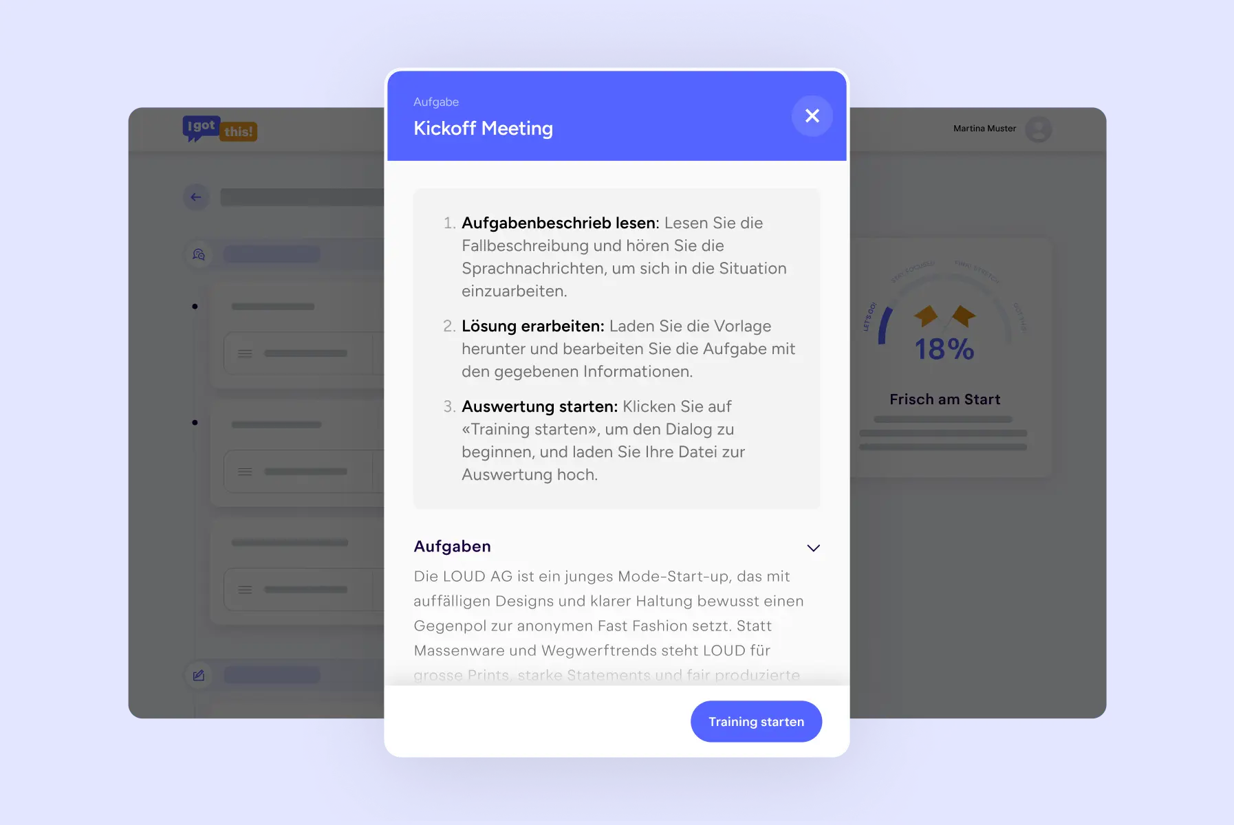 Aufgabenansicht mit detaillierter Fallbeschreibung und zusätzlichen Trainingsmaterialien