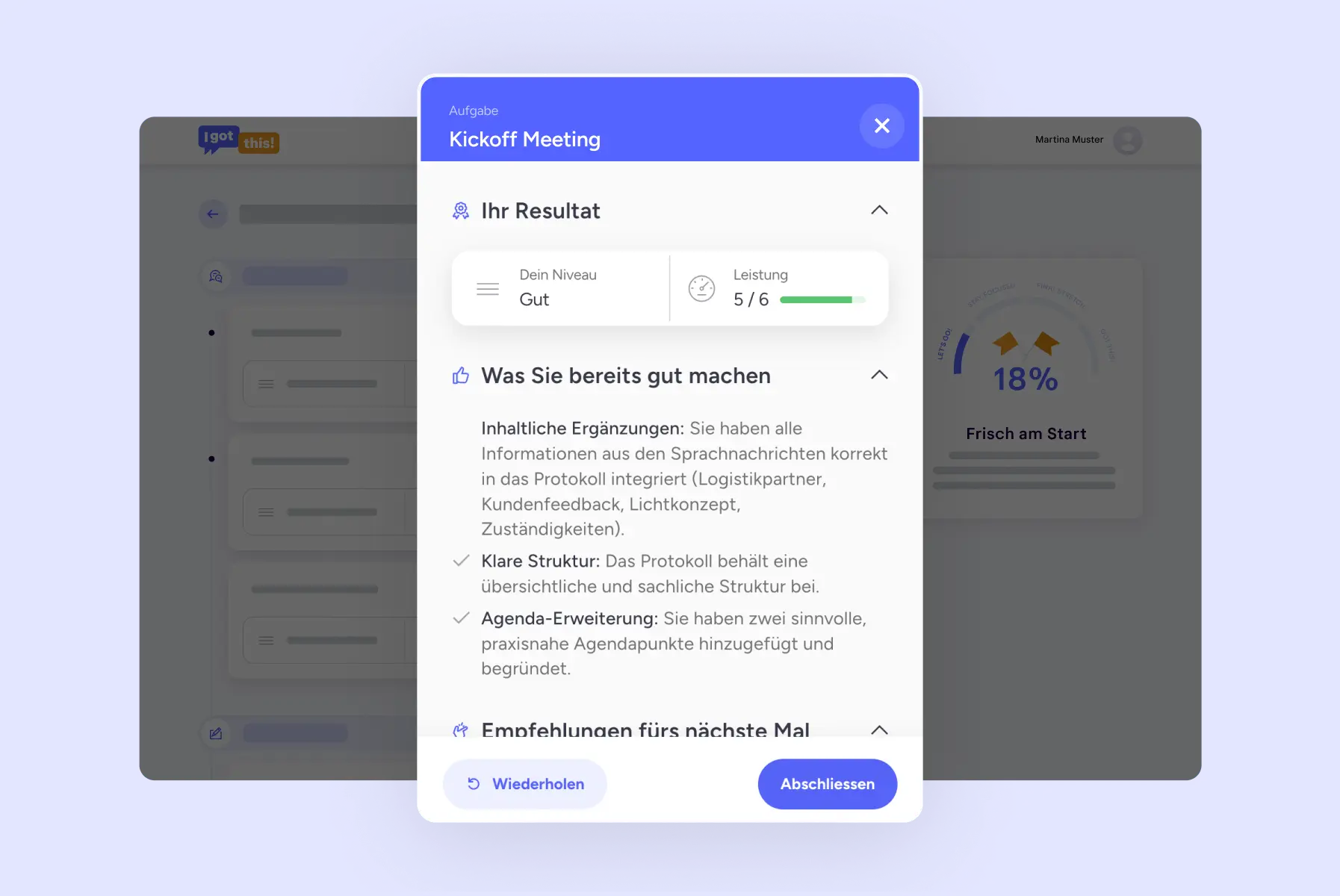 Auswertungsansicht mit Leistungsbewertung, Feedback und Empfehlungen